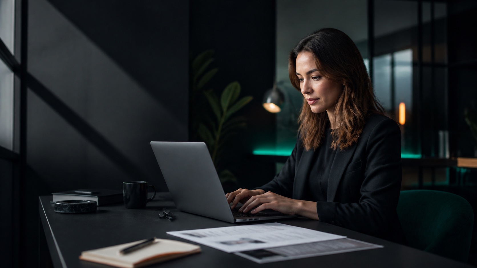 Professional reviewing her resume in a modern workspace